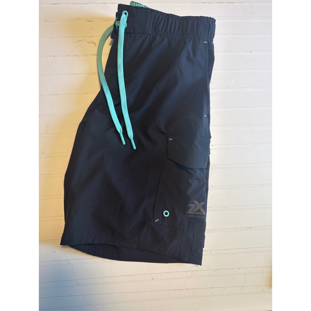 ZeroXposur Swim Trunks Mens Medium Black Excellent Teal Drawstring Cargo Pocket